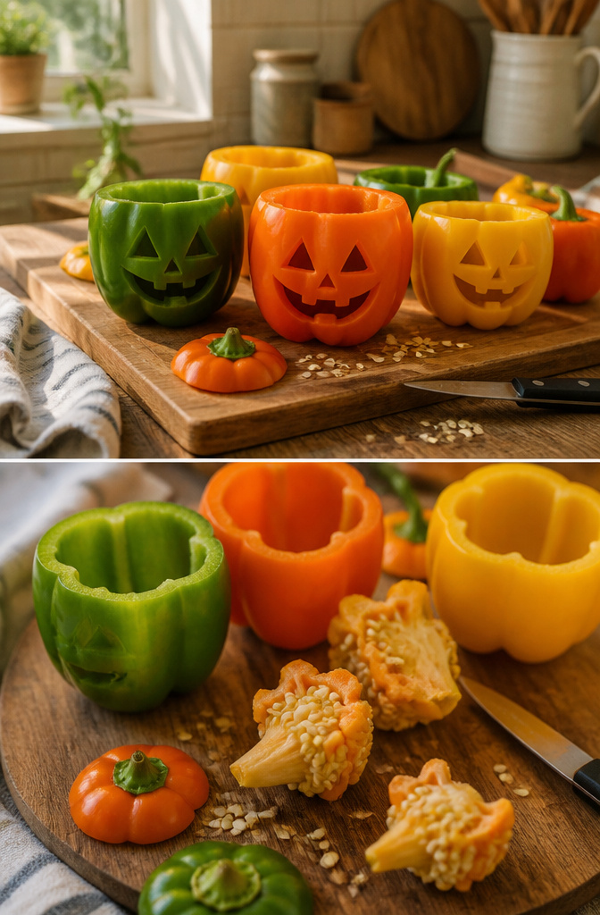 Jack O Lantern Stuffed Peppers: 5 Steps for Carving, Filling and Baking 2 Hollowed bell peppers with carved faces ready for stuffing.