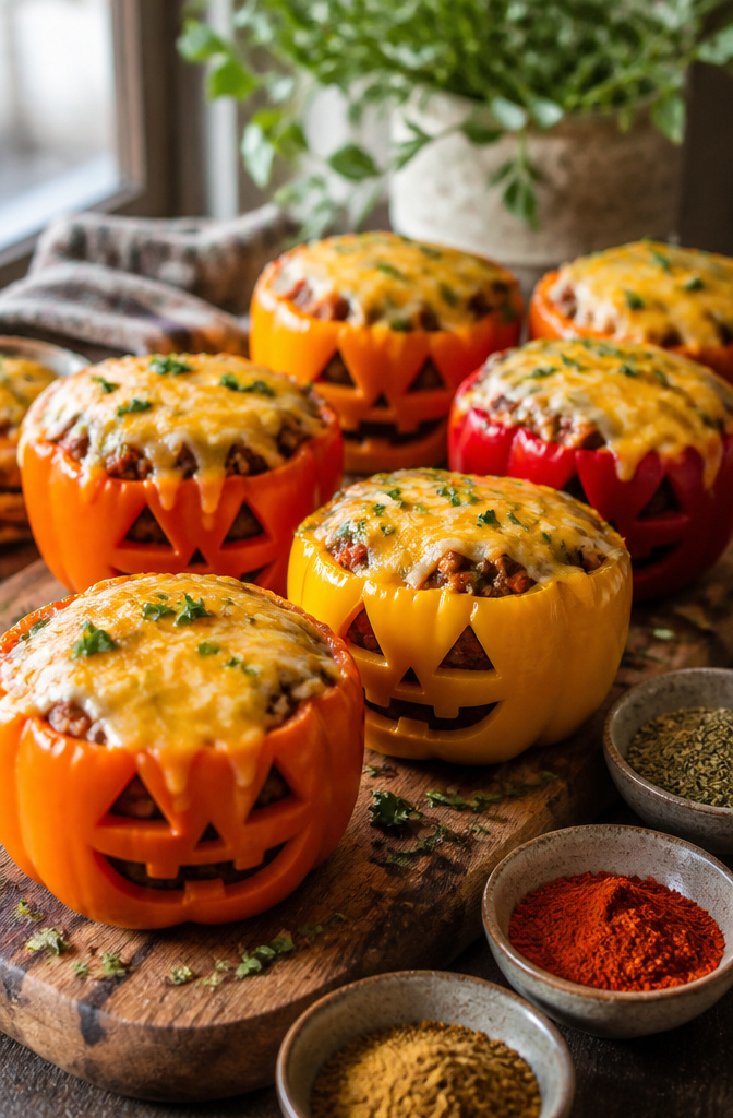 Jack O Lantern Stuffed Peppers: 5 Steps for Carving, Filling and Baking 8 A close-up of stuffed peppers topped with melted mixed Mexican cheese.