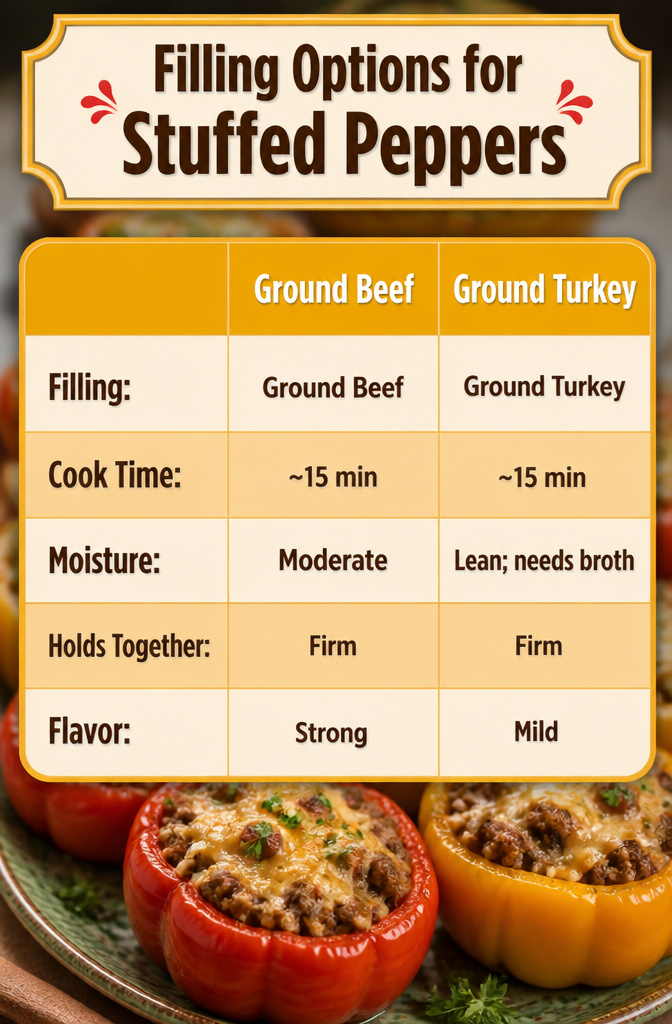 Jack O Lantern Stuffed Peppers: 5 Steps for Carving, Filling and Baking 7 A chart detailing filling options and their cooking times for stuffed peppers.