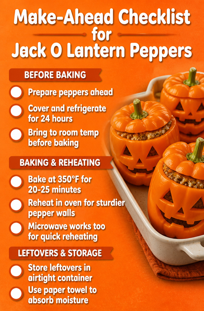 Jack O Lantern Stuffed Peppers: 5 Steps for Carving, Filling and Baking 9 A checklist outlining make-ahead tips for jack-o'-lantern peppers.