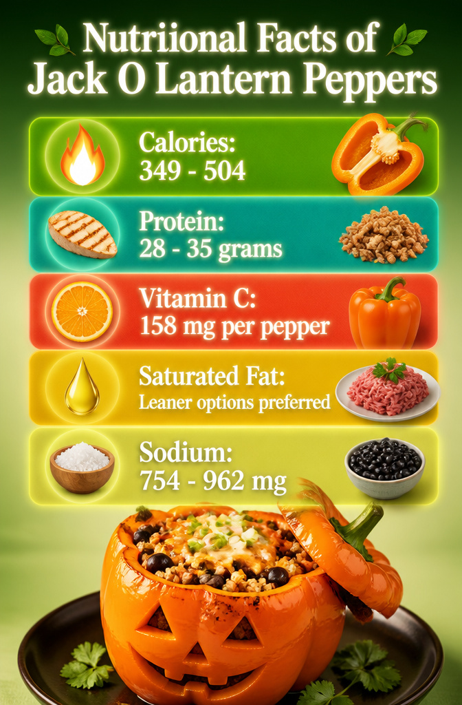 Jack O Lantern Stuffed Peppers: 5 Steps for Carving, Filling and Baking 10 A chart displaying nutritional information for jack-o'-lantern peppers.