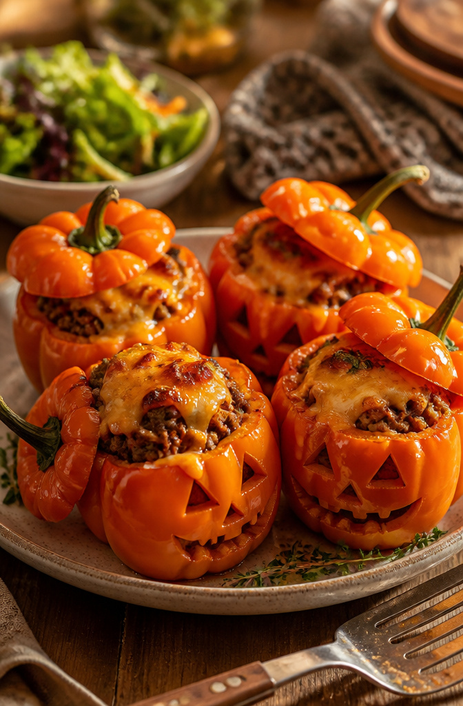 Jack O Lantern Stuffed Peppers: 5 Steps for Carving, Filling and Baking 6 Stuffed peppers on plates, some with tops and some without.
