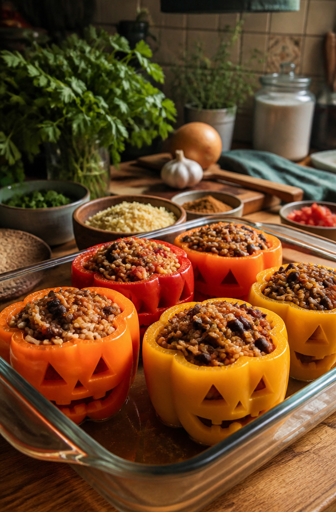 Jack O Lantern Stuffed Peppers: 5 Steps for Carving, Filling and Baking 4 Carved bell peppers filled with a rice and bean mixture in a baking dish.