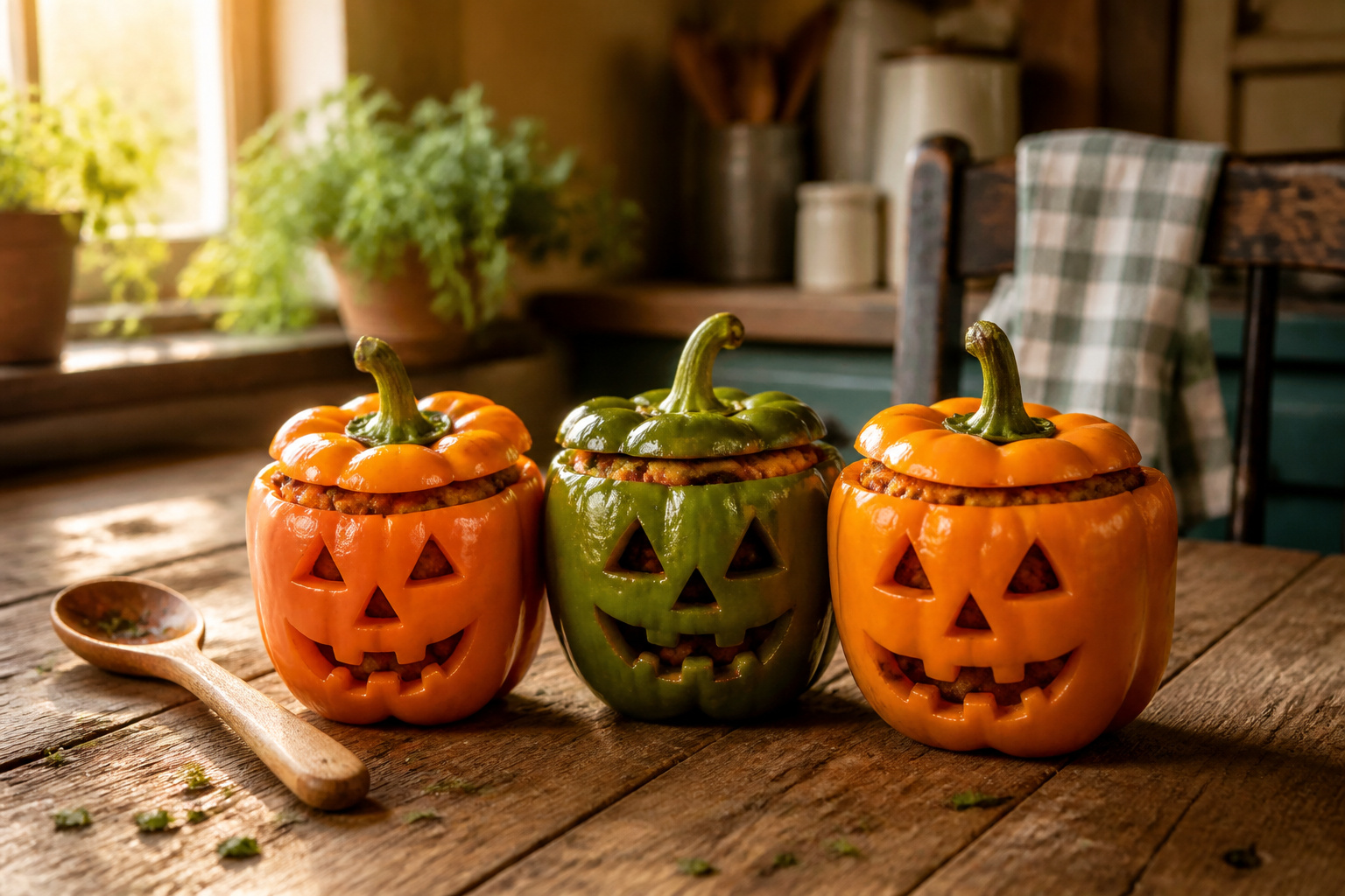 A variety of bell peppers carved into jack-o'-lantern faces.