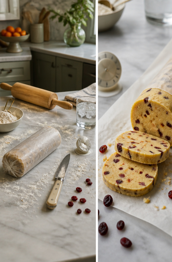 Orange Cranberry Shortbread Cookies 5 Chilled dough log ready to be sliced for baking.