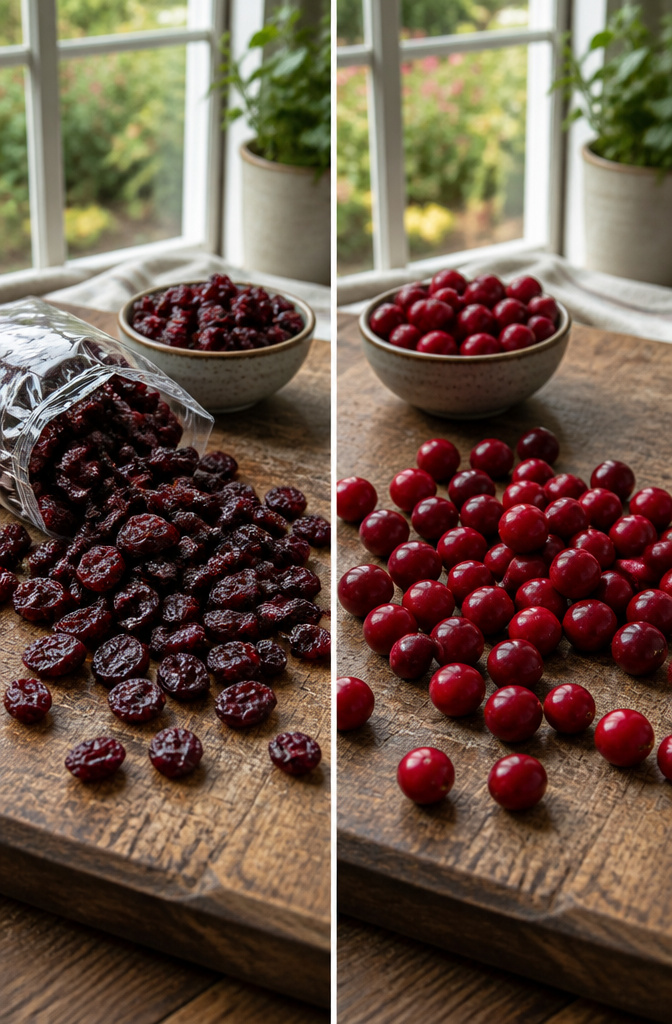 Orange Cranberry Shortbread Cookies 6 A comparison of fresh and dried cranberries for baking.