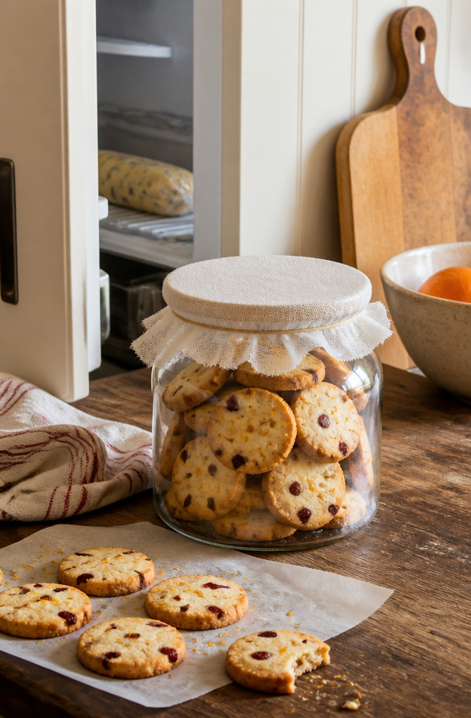 Orange Cranberry Shortbread Cookies 7 Cookies in a glass jar with a note card about storage tips.