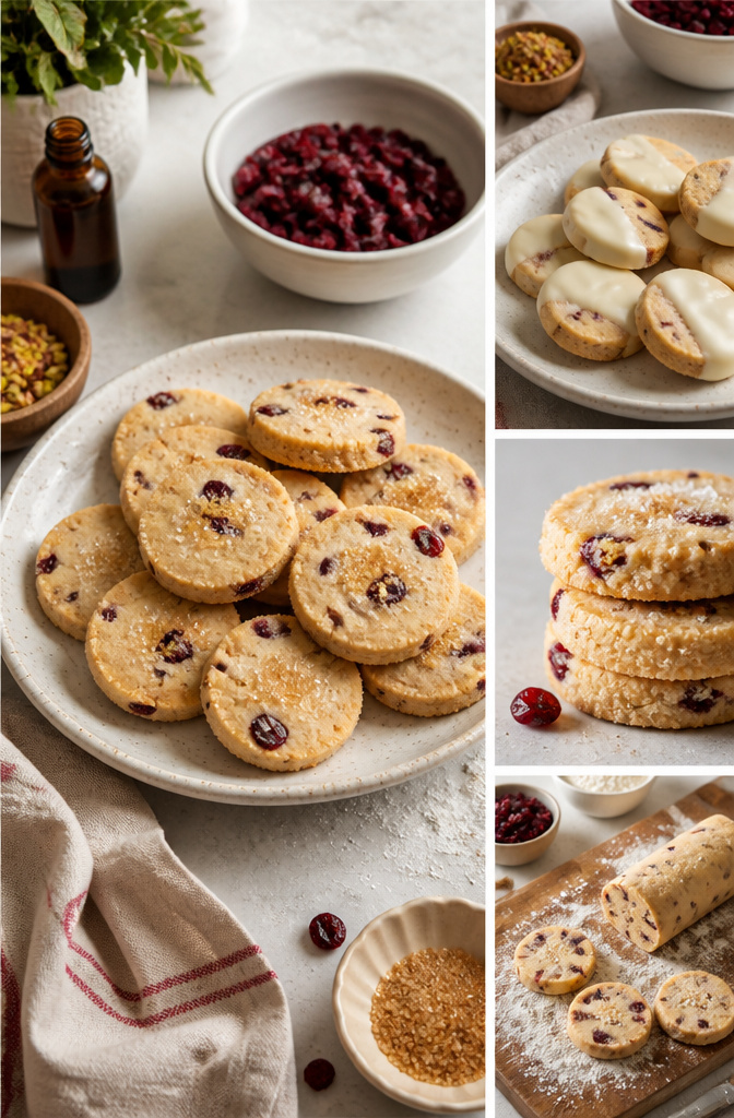 Orange Cranberry Shortbread Cookies 8 Different variations of orange cranberry shortbread cookies displayed.