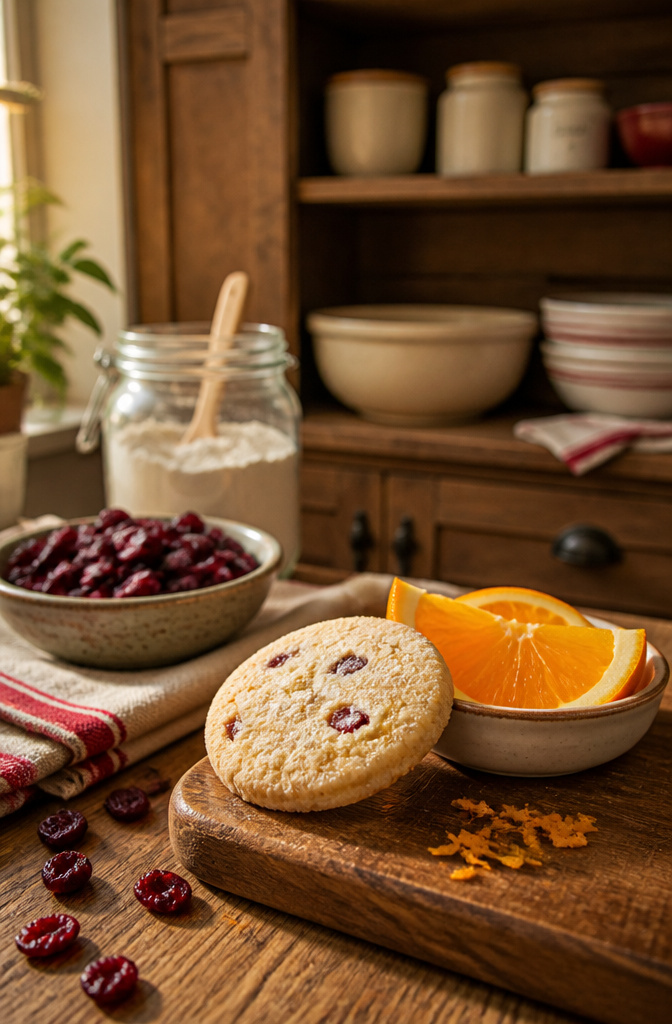 Orange Cranberry Shortbread Cookies 4 Dried cranberries and orange zest arranged on a wooden cutting board.