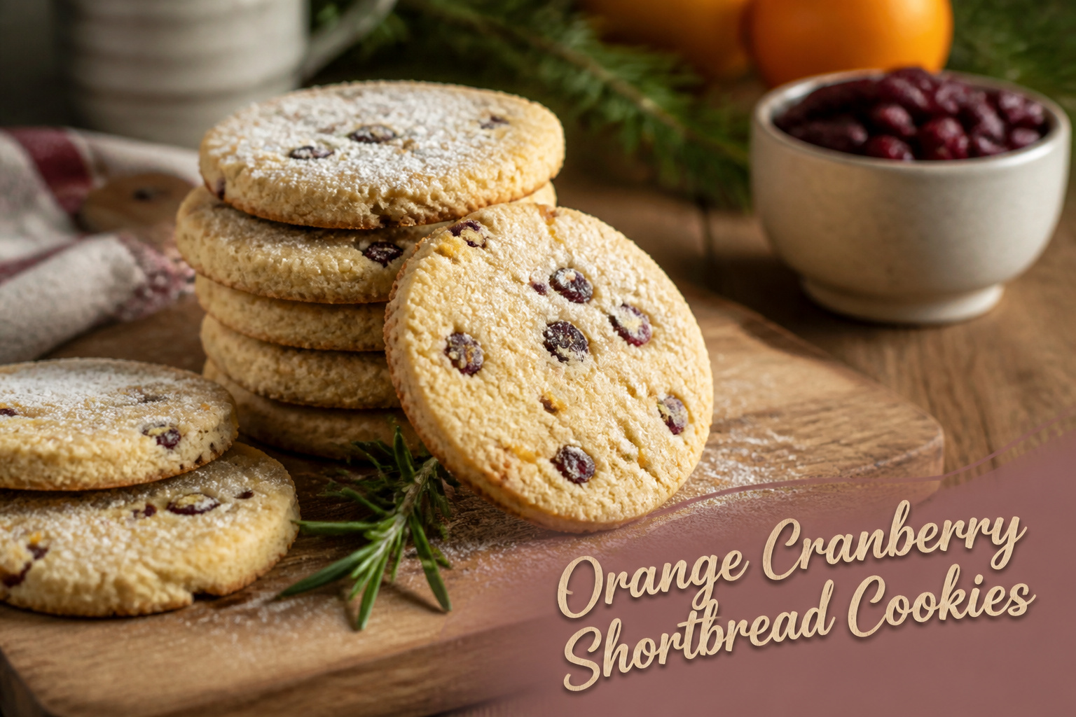 A plate of orange cranberry shortbread cookies with powdered sugar.