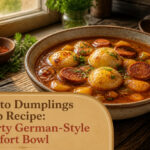 A bowl of potato dumplings soup with steam rising and ingredients visible.