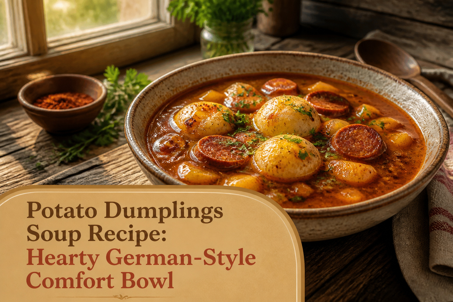 A bowl of potato dumplings soup with steam rising and ingredients visible.