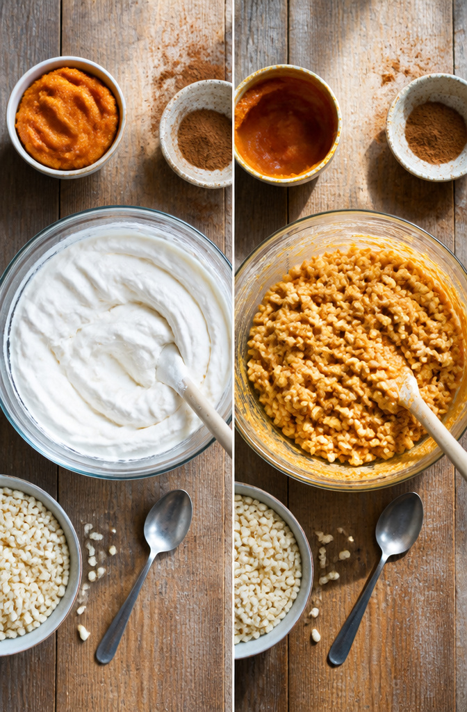 Pumpkin Rice Krispie Treats: Flavor + Shape Recipes 3 A bowl of canned pumpkin puree and pumpkin pie spice.