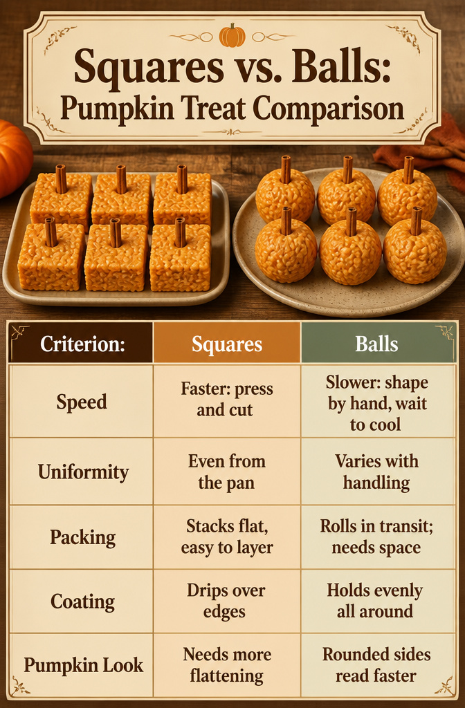Pumpkin Rice Krispie Treats: Flavor + Shape Recipes 11 A side-by-side comparison of square and ball-shaped Pumpkin Rice Krispie Treats.