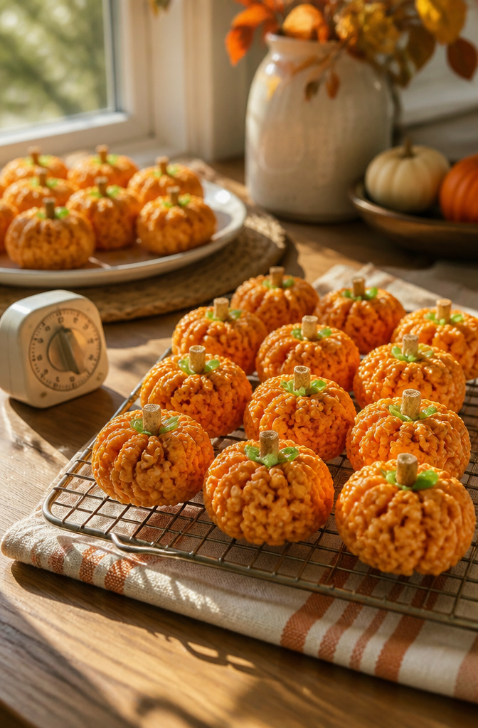 Pumpkin Rice Krispie Treats: Flavor + Shape Recipes 6 A cooling rack with freshly shaped Pumpkin Rice Krispie Treats.