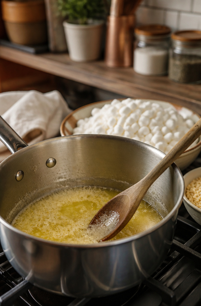 Pumpkin Rice Krispie Treats: Flavor + Shape Recipes 2 A saucepan with melted butter and mini marshmallows on a stovetop.