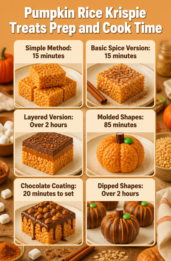 Pumpkin Rice Krispie Treats: Flavor + Shape Recipes 8 A chart showing prep and cook times for Pumpkin Rice Krispie Treats.