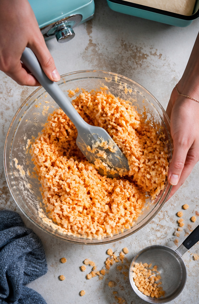 Pumpkin Rice Krispie Treats: Flavor + Shape Recipes 4 A mixing bowl with Rice Krispies and melted marshmallow mixture.