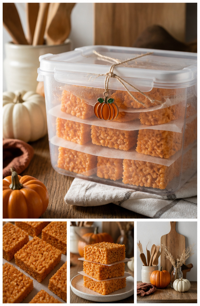 Pumpkin Rice Krispie Treats: Flavor + Shape Recipes 10 An airtight container filled with pumpkin-shaped Rice Krispie treats.