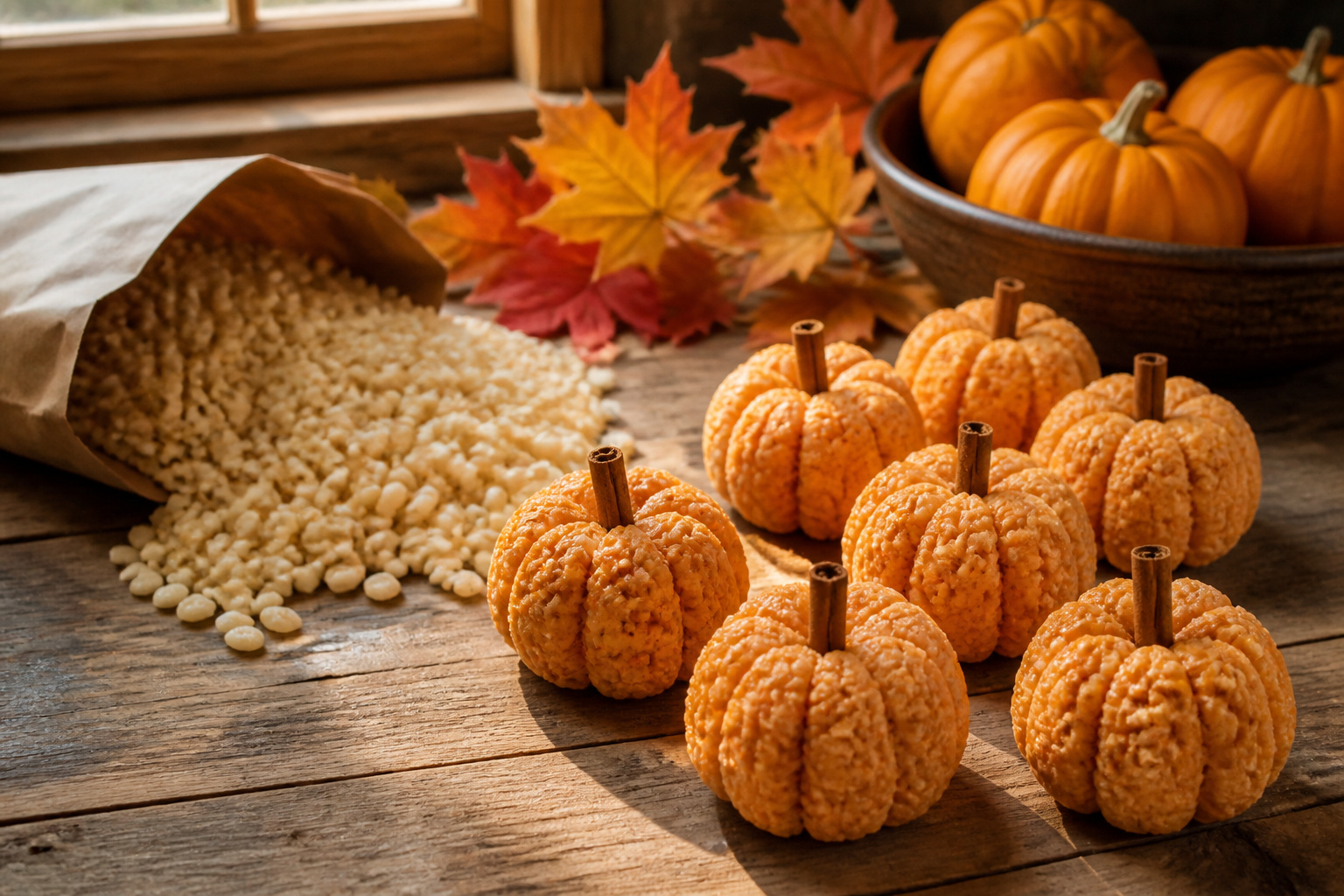 A variety of pumpkin-shaped Rice Krispie Treats displayed on a plate.