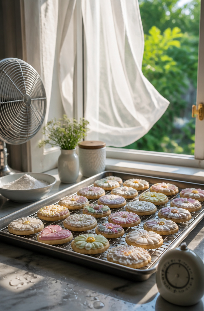 Royal Icing Recipe for Cookie Decorating 7 A tray of decorated cookies drying by a window.