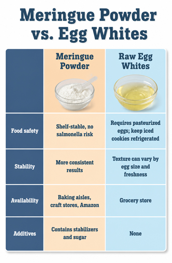 Royal Icing Recipe for Cookie Decorating 6 Chart comparing meringue powder and raw egg whites for royal icing.