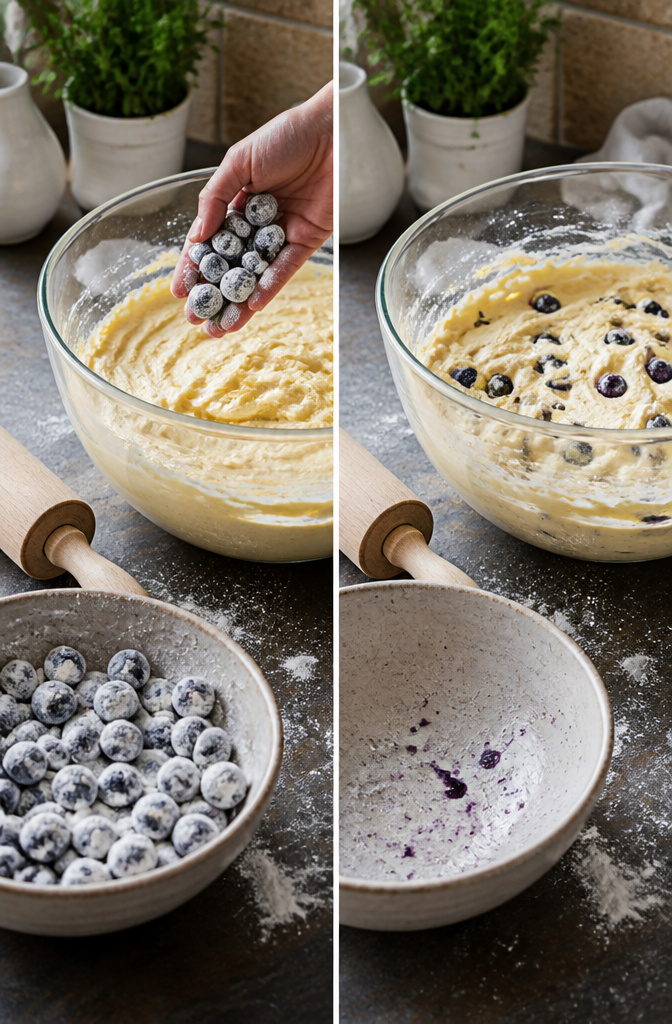 Blueberries being tossed in flour in a bowl.