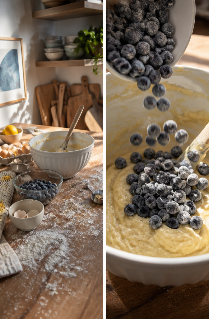 Frozen blueberries in a bowl, ready to be added to the cake.