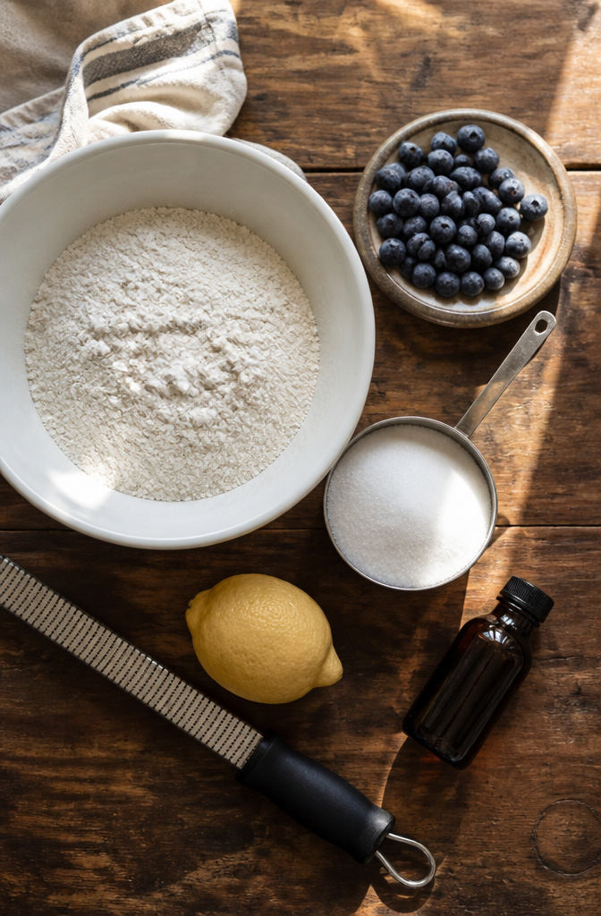 List of ingredients for lemon blueberry cake on a kitchen counter.