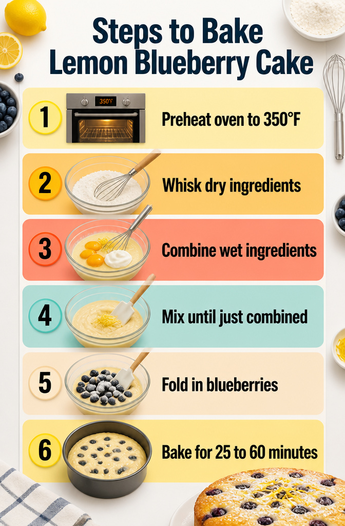 Instructions for baking lemon blueberry cake on a countertop.