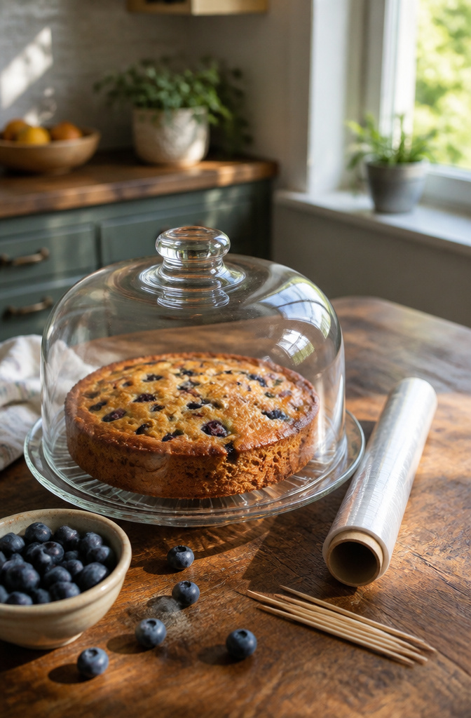 Unfrosted lemon blueberry cake under a glass dome on a table.
