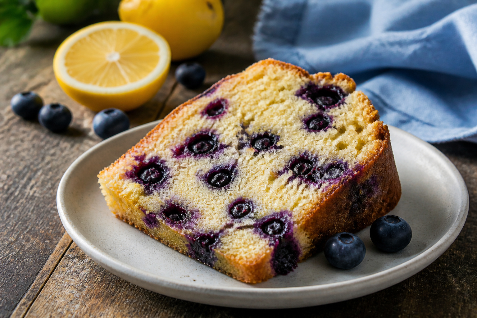 Lemon blueberry cake with fresh berries on top and a light glaze.