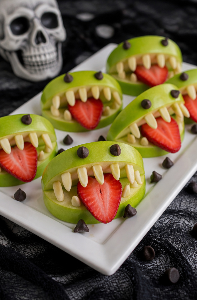 19 Spooky Snack Ideas for Halloween Party 11 Quartered apples with nut butter, almond teeth, and a strawberry slice.