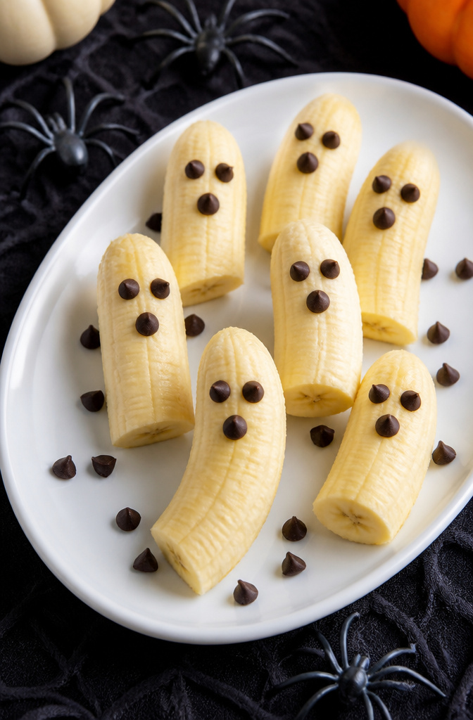 19 Spooky Snack Ideas for Halloween Party 4 Halved bananas with mini chocolate chips for eyes and mouth.