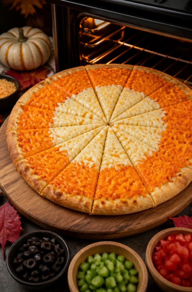 19 Spooky Snack Ideas for Halloween Party 7 Pizza topped with cheddar and mozzarella arranged like candy corn.
