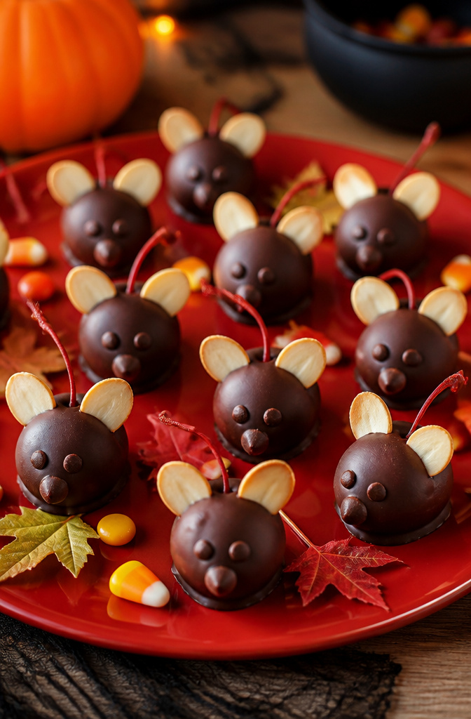 19 Spooky Snack Ideas for Halloween Party 17 Chocolate-covered cherries with slivered almonds for ears.
