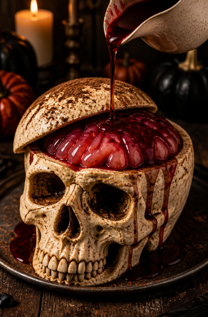 19 Spooky Snack Ideas for Halloween Party 20 A chocolate cake shaped like a skull with ivory buttercream frosting.