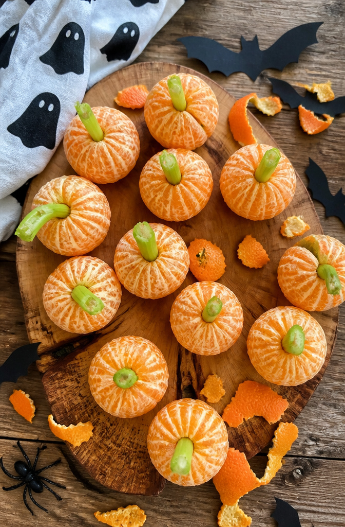 19 Spooky Snack Ideas for Halloween Party 5 Peeled clementines with celery sticks as stems.