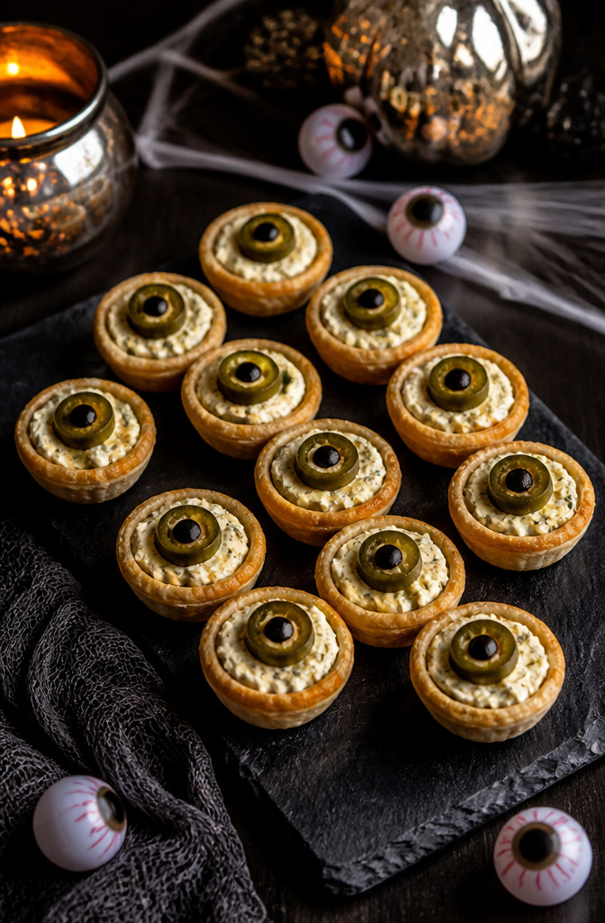 19 Spooky Snack Ideas for Halloween Party 15 Jalapeño popper tarts filled with cream cheese and topped with jalapeños.