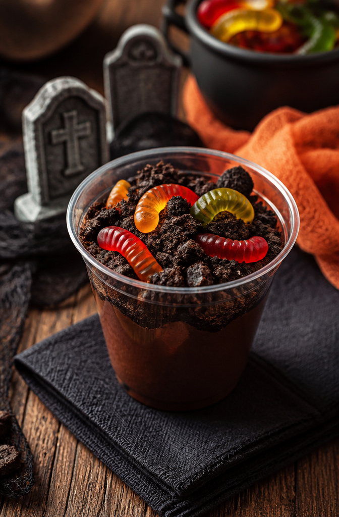 19 Spooky Snack Ideas for Halloween Party 10 Cups of chocolate pudding topped with crushed Oreos and gummy worms.