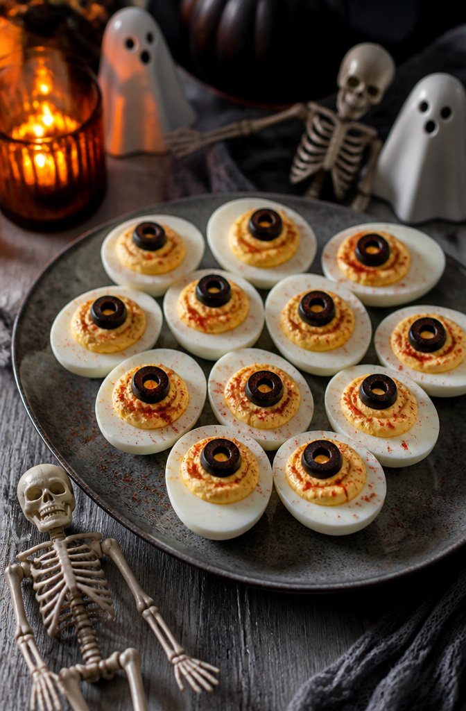 19 Spooky Snack Ideas for Halloween Party 12 Deviled eggs topped with black olives resembling eyeballs.
