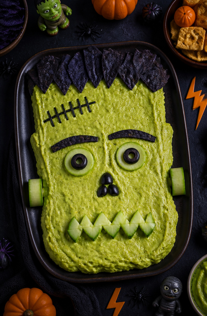 19 Spooky Snack Ideas for Halloween Party 16 Guacamole arranged to resemble Frankenstein's face with vegetable features.
