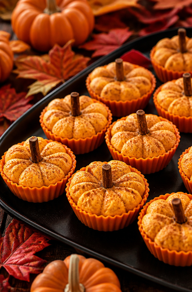 19 Spooky Snack Ideas for Halloween Party 19 Mini cheesecakes shaped like pumpkins with gingersnap crusts.