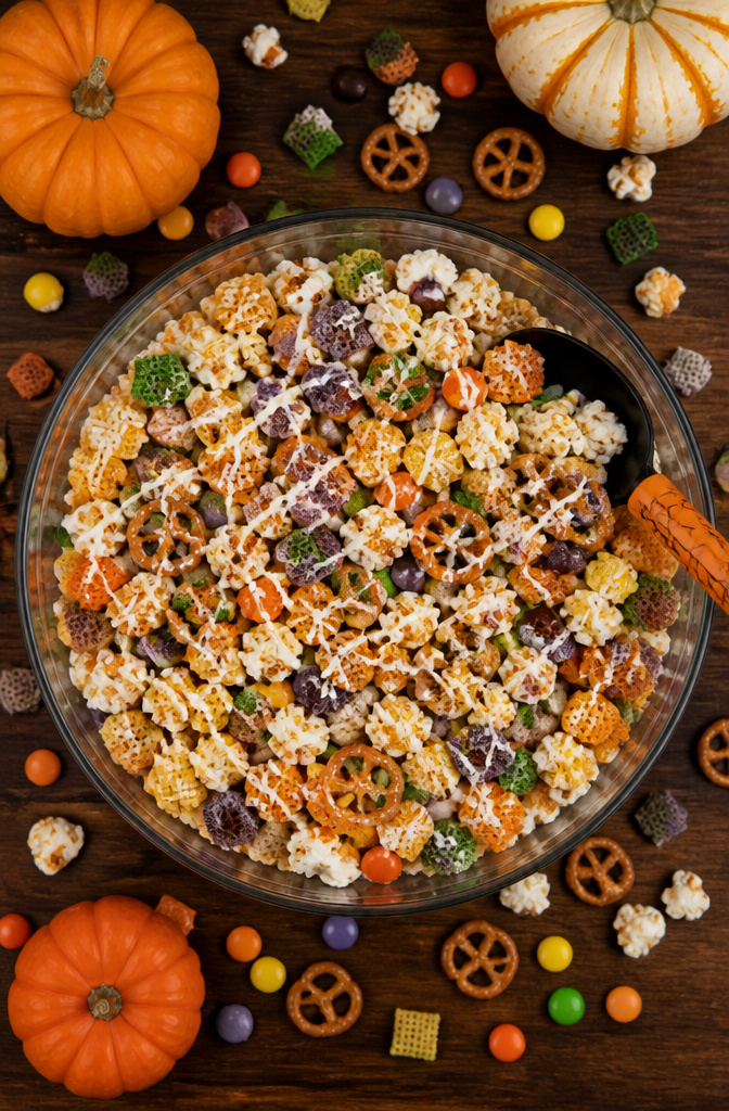 19 Spooky Snack Ideas for Halloween Party 8 A bowl of Halloween snack mix with popcorn, cereal, pretzels, and candy.