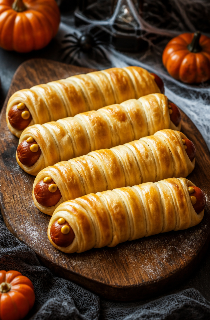 19 Spooky Snack Ideas for Halloween Party 2 Mummy dogs made from hot dogs and crescent dough.