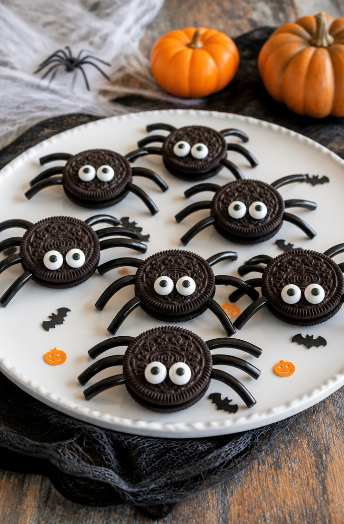 19 Spooky Snack Ideas for Halloween Party 18 Oreo cookies with licorice legs and candy eyes resembling spiders.