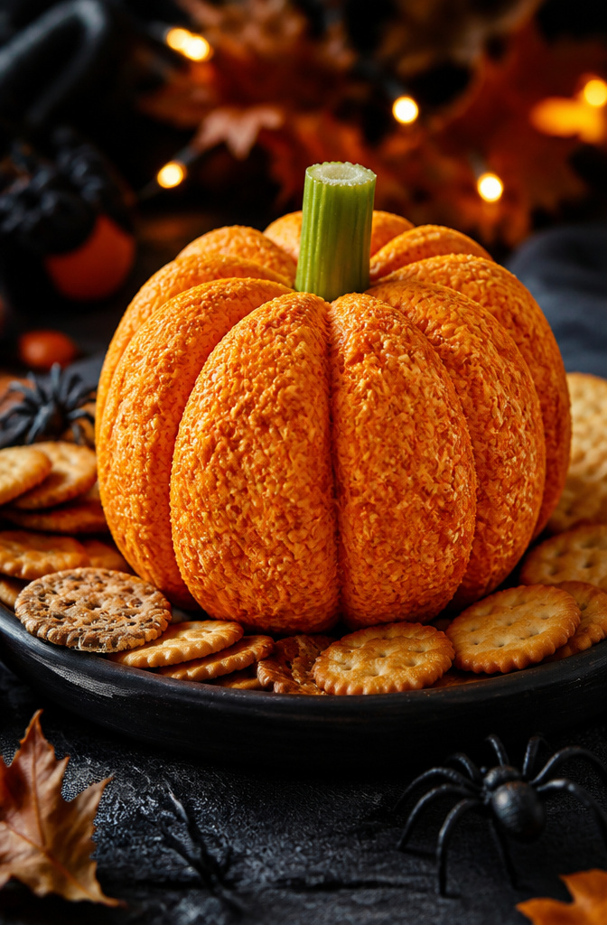 19 Spooky Snack Ideas for Halloween Party 9 Cheese balls shaped like pumpkins and coated with paprika.