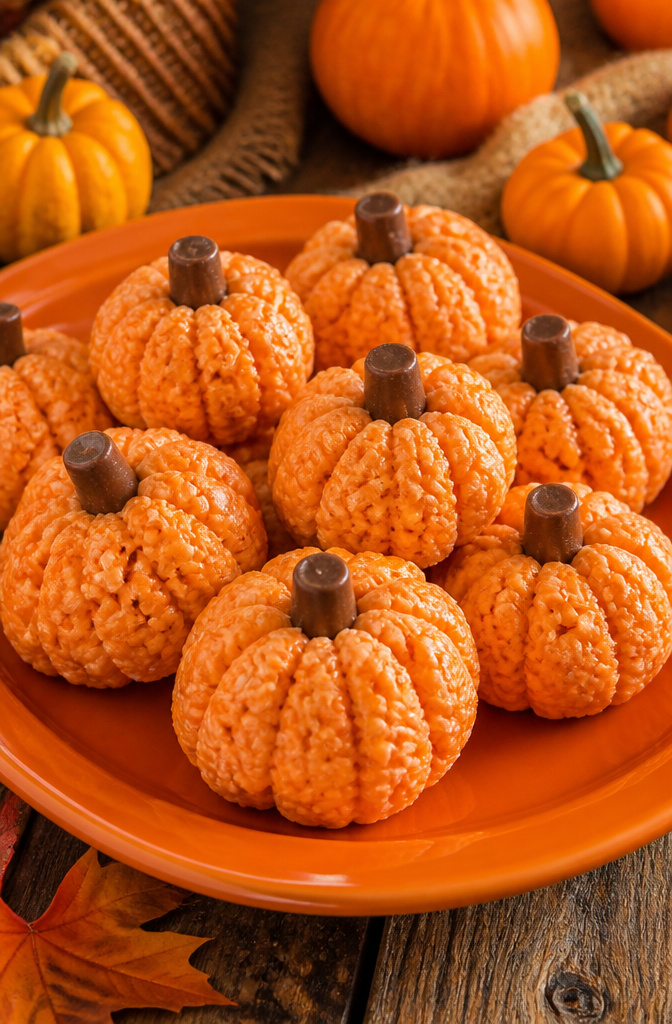 19 Spooky Snack Ideas for Halloween Party 14 Orange Rice Krispie treats shaped like pumpkins with candy stems.