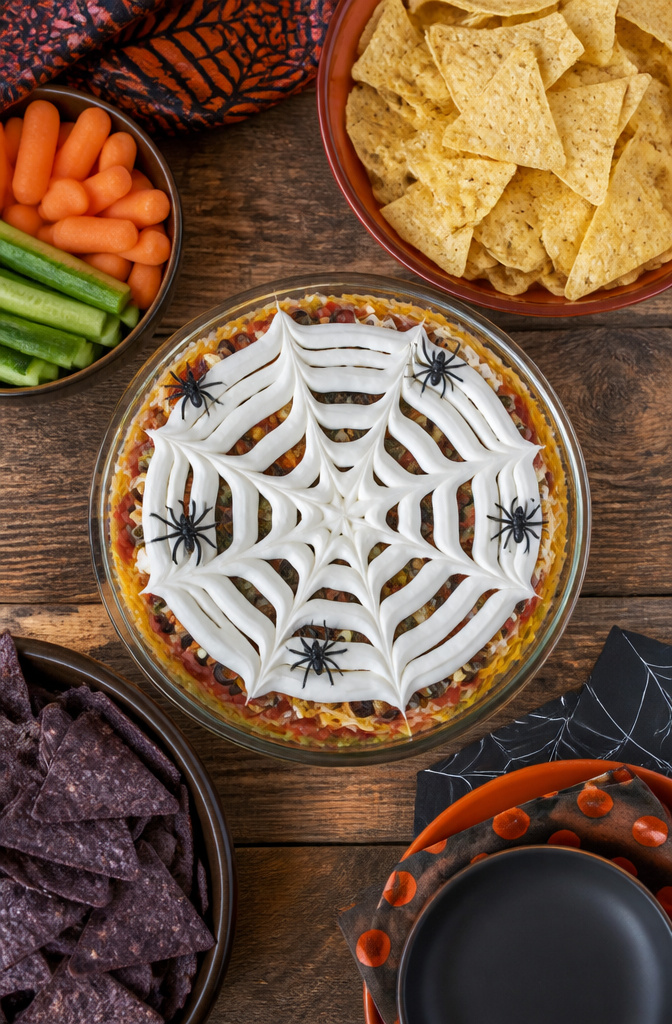 19 Spooky Snack Ideas for Halloween Party 6 Layered dip with a sour cream spider web design.