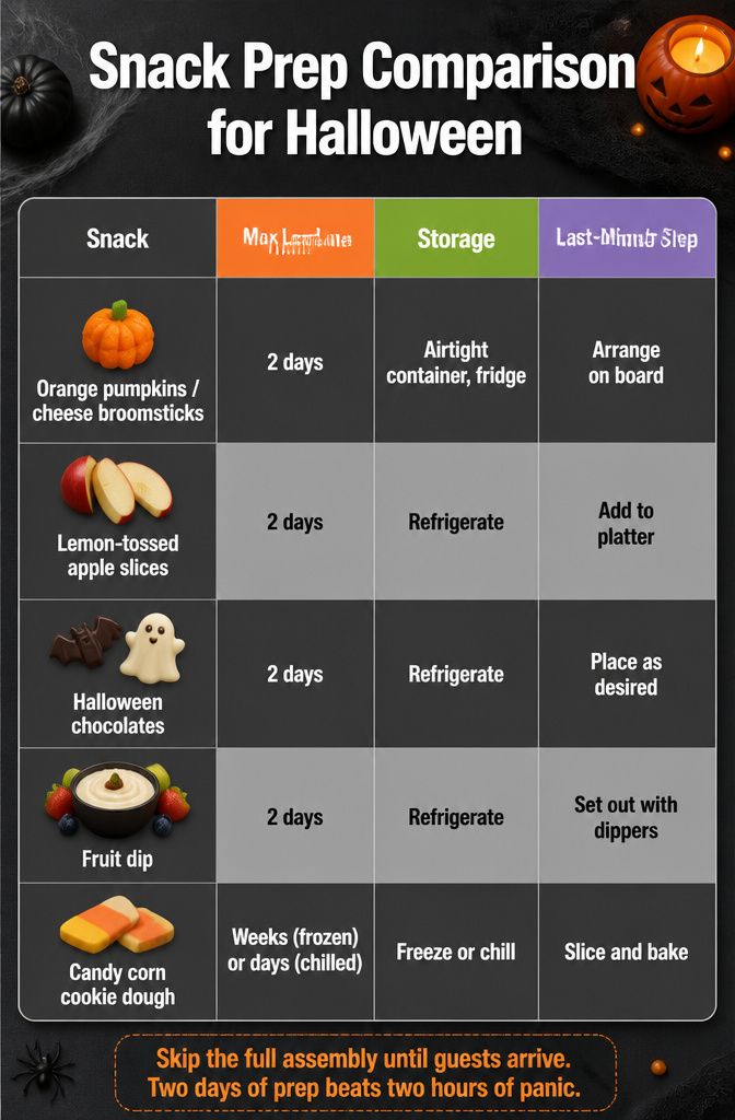 19 Spooky Snack Ideas for Halloween Party 21 A chart comparing snacks that can be made ahead for Halloween.